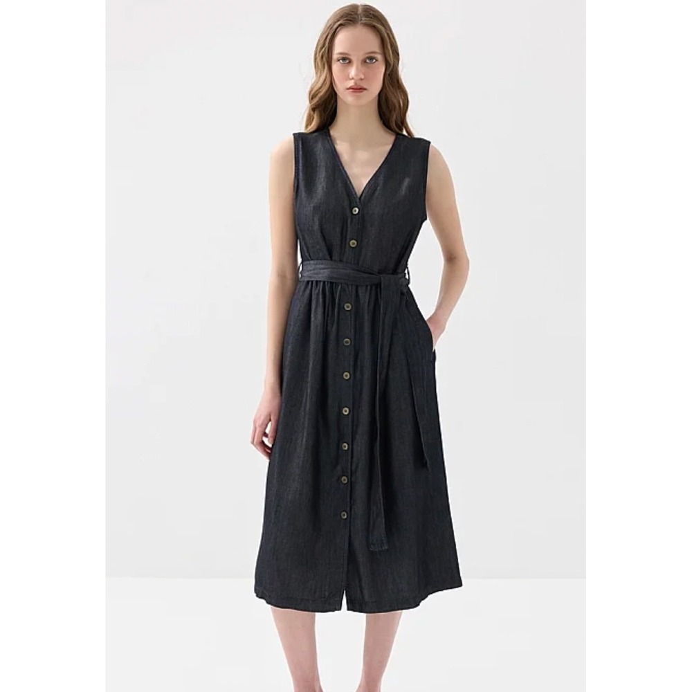 NEW Given Kale Women 1X Midi Dress Black Denim Button Front Minimalist Boho
